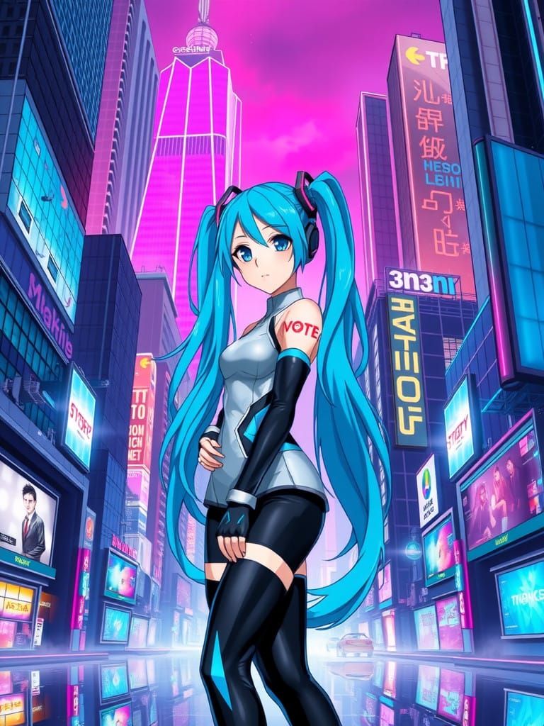 Futuristic Hatsune Miku in Neon Cyberpunk Cityscape