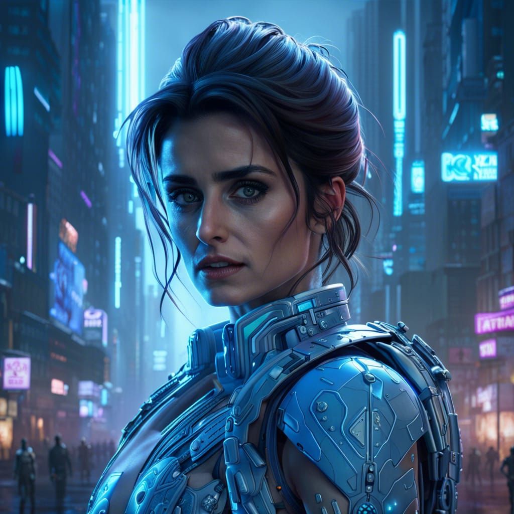 Penélope Cruz in light blue Cyberpunk outfit