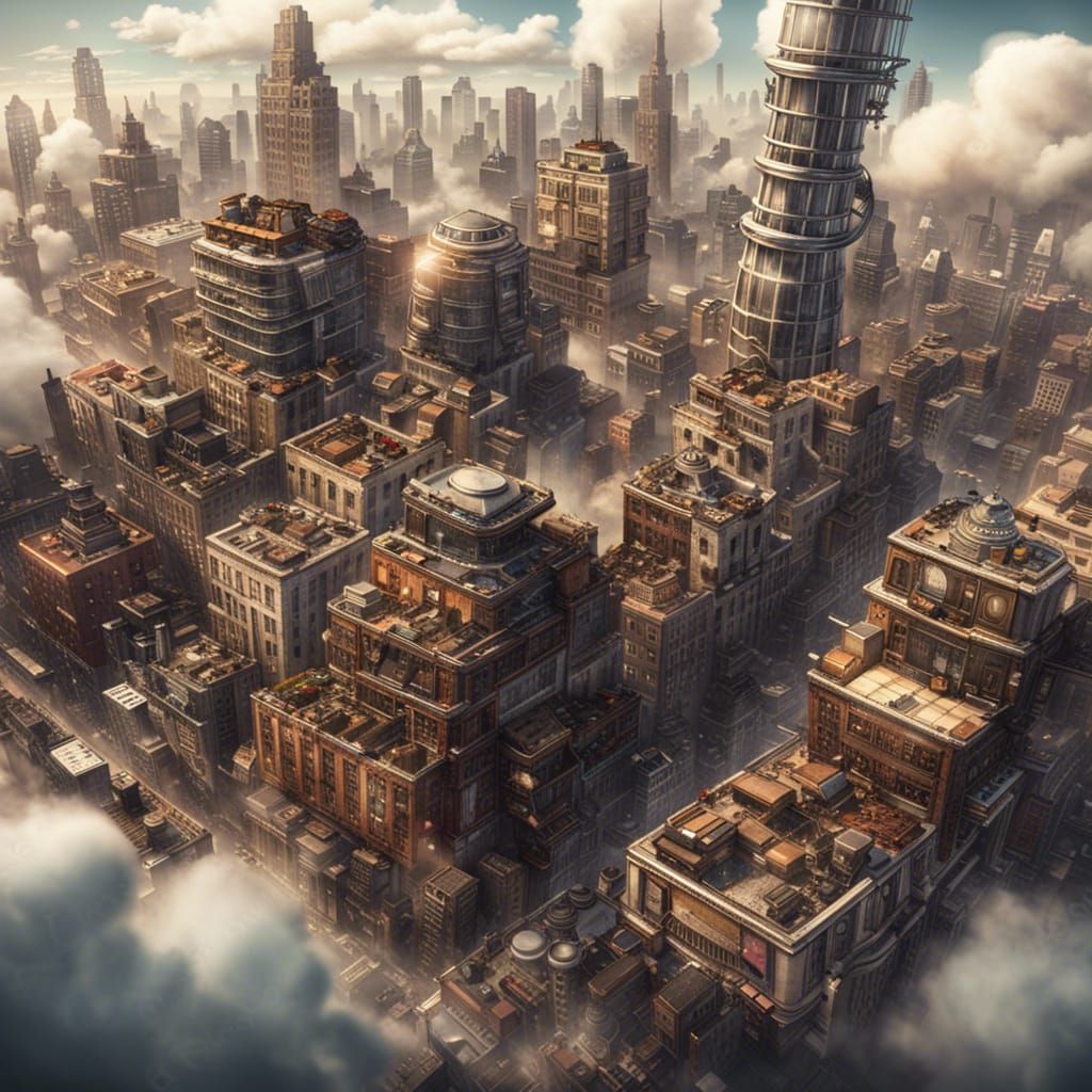 Futuristic Steampunk City Above the Clouds