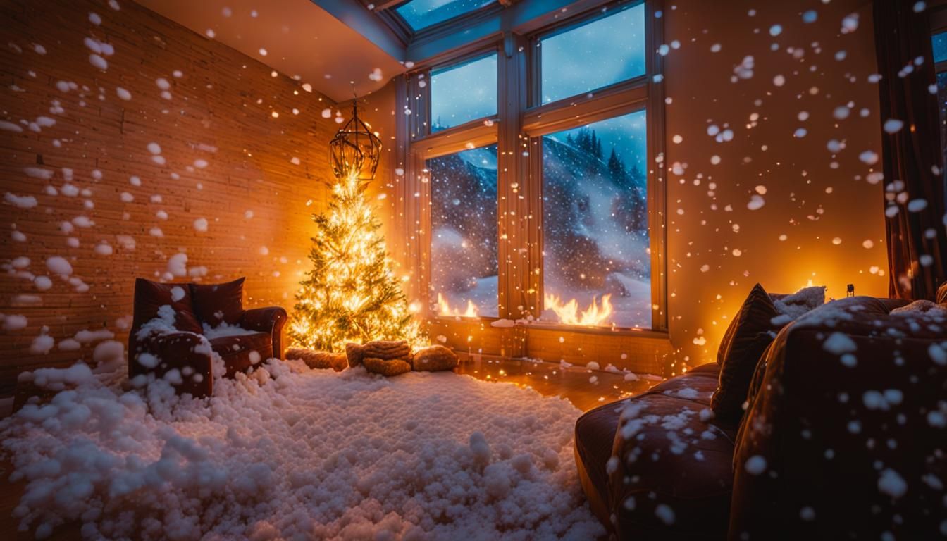 Cozy Winter Home Interior in Golden Hour Light