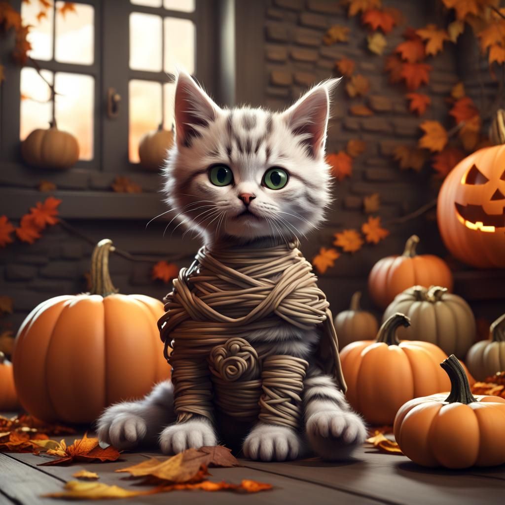 Halloween Kitten Mummy in Spooky Room: Digital Art