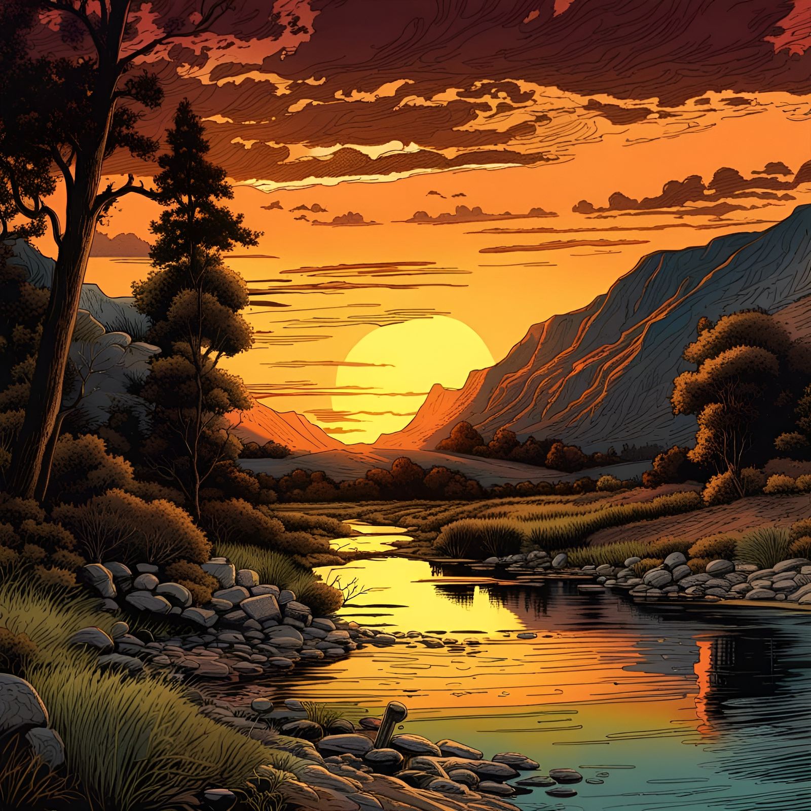 Hyperrealistic Creekside Sunset in Comic Art Style