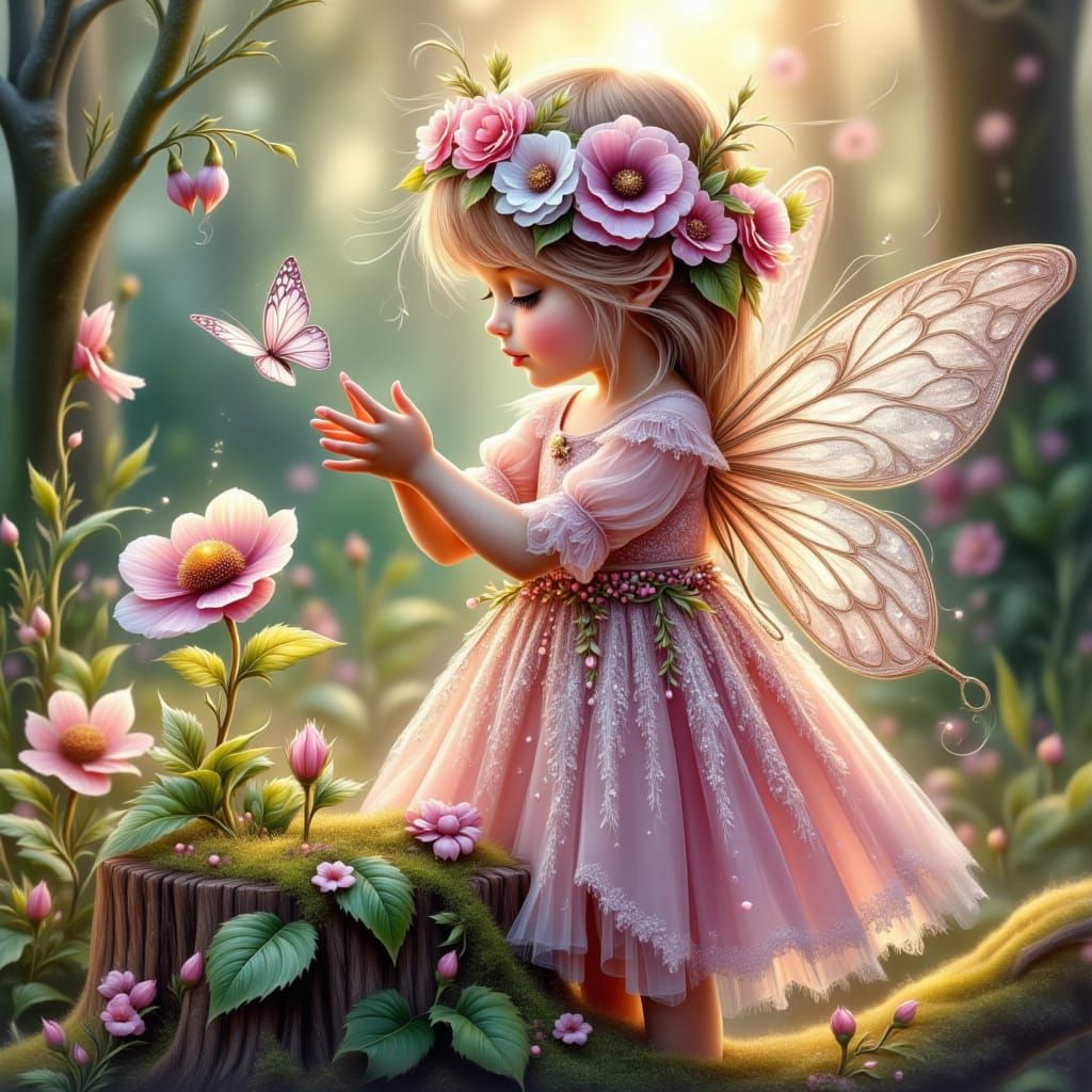 Fairy Girl with Flower Wreath in Enchanted Forest