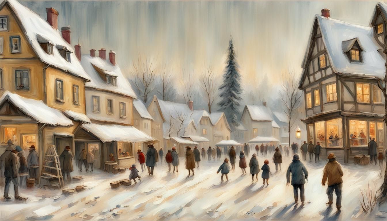 Winter Town Scene in Germany, Impressionistic Style