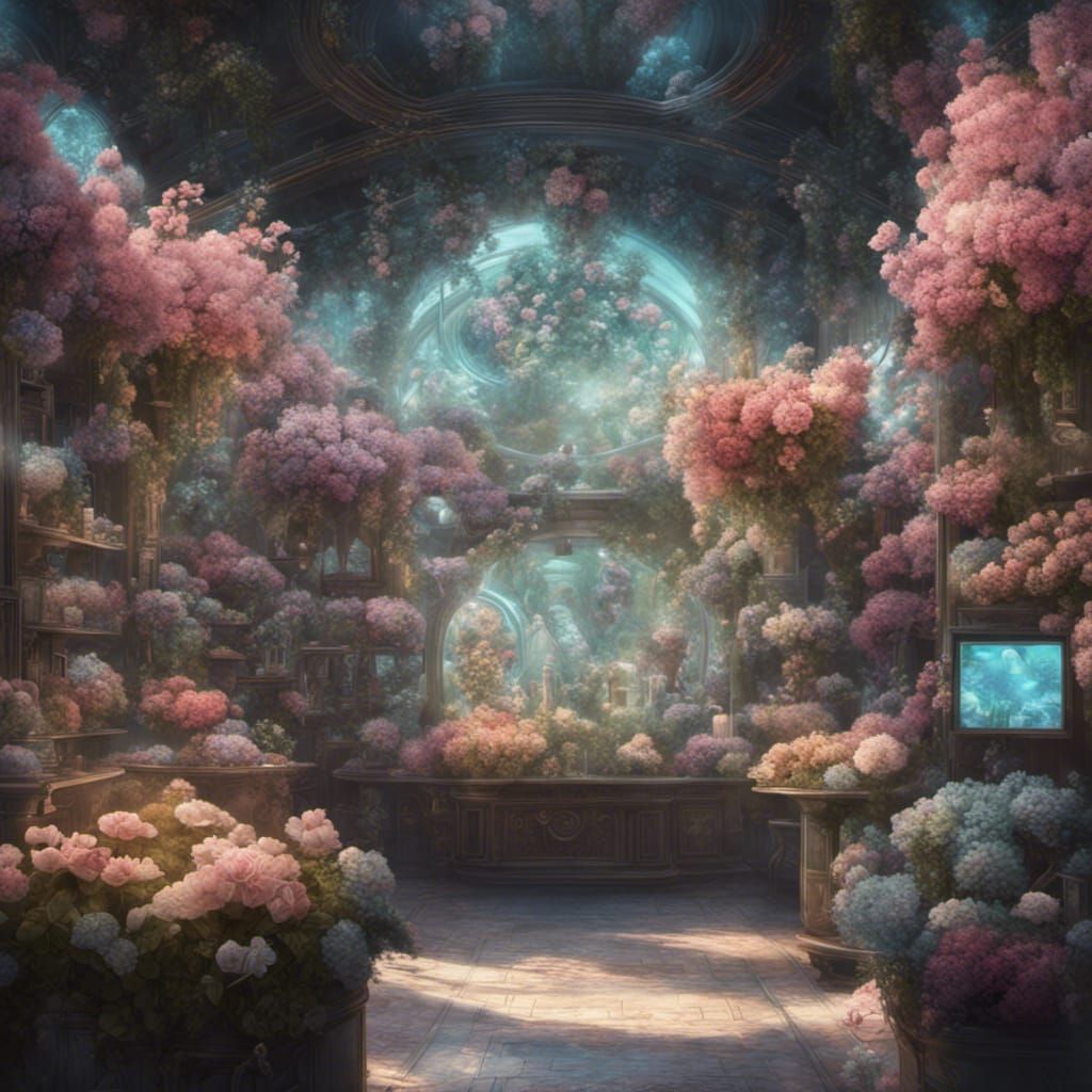 a futuristic flower store where holographic blossoms dance i...