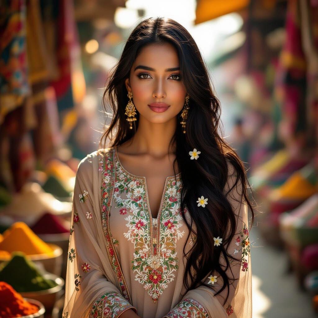 South Asian Woman in Spice Market, Cinematic Style