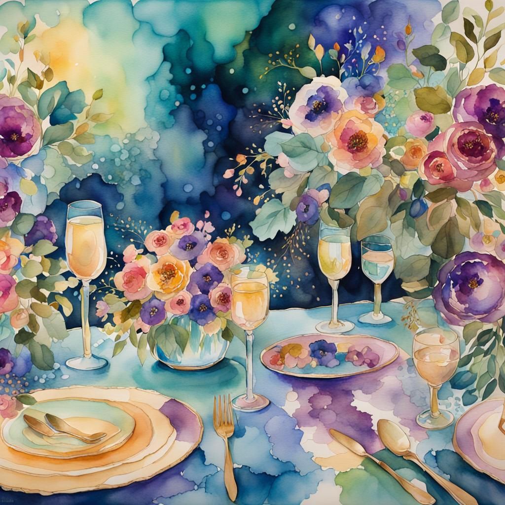 Elegant Garden Party in Watercolor with Gold Leaf