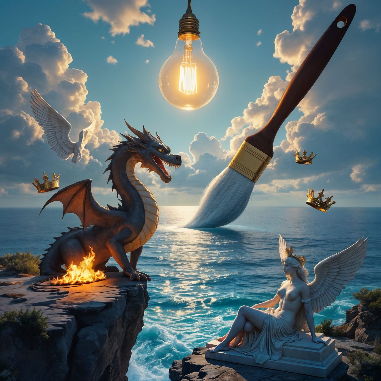 Surreal Golden Saxophone Blaze on Cliff Overlooking Ocean