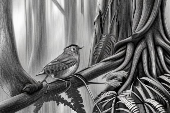 Peaceful Fern Gully: Detailed Pencil Sketch