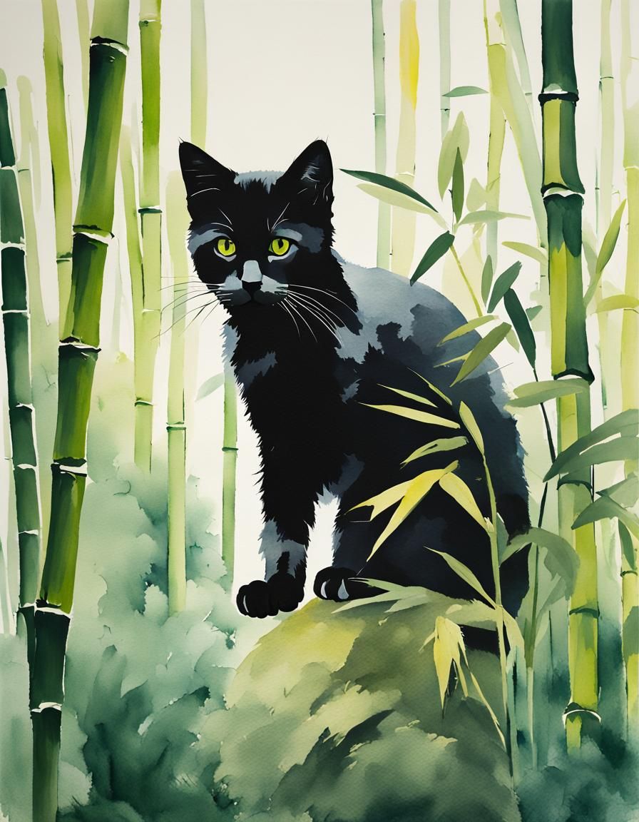 Kitten by Bamboo Spring, Gouache Watercolor Painting