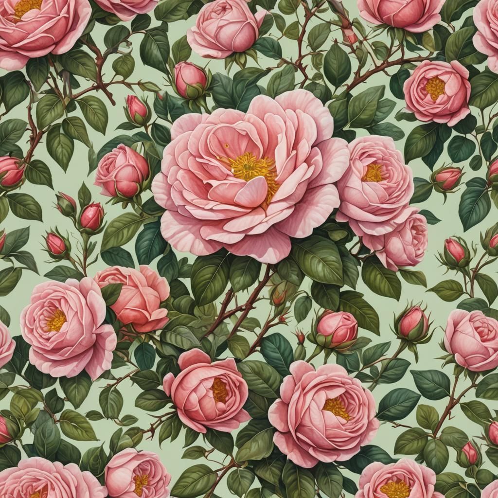 Detailed Gouache Painting of an Heirloom Rose
