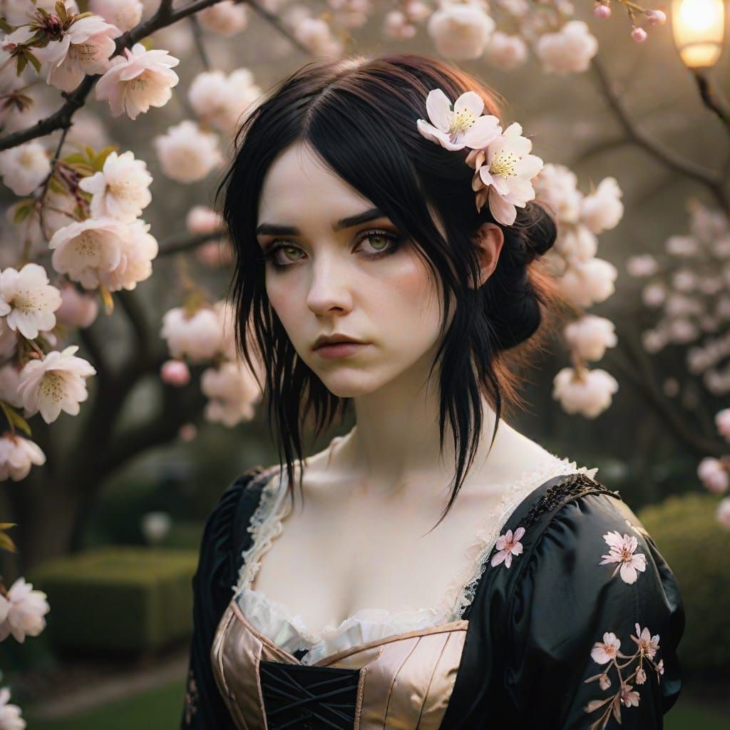 Goth Girl in Blossom Garden: Romanticism Portrait