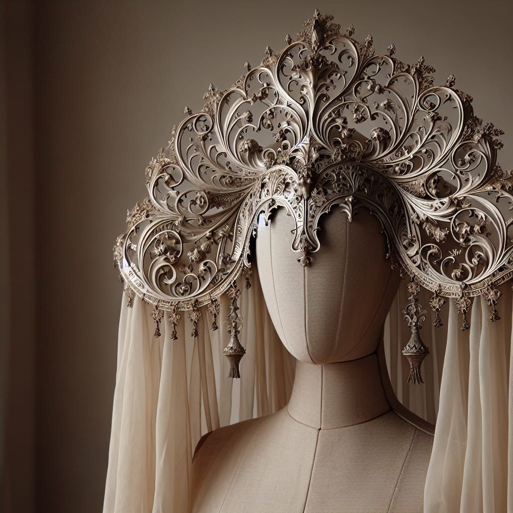 Medieval Headpiece with Grand Voiles on Dress Form