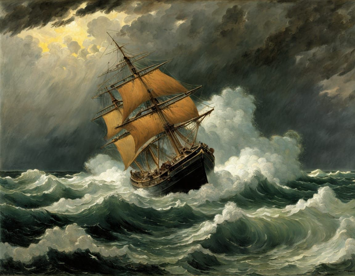 A Ship in Turbulent Seas Amidst a Thunderous Storm