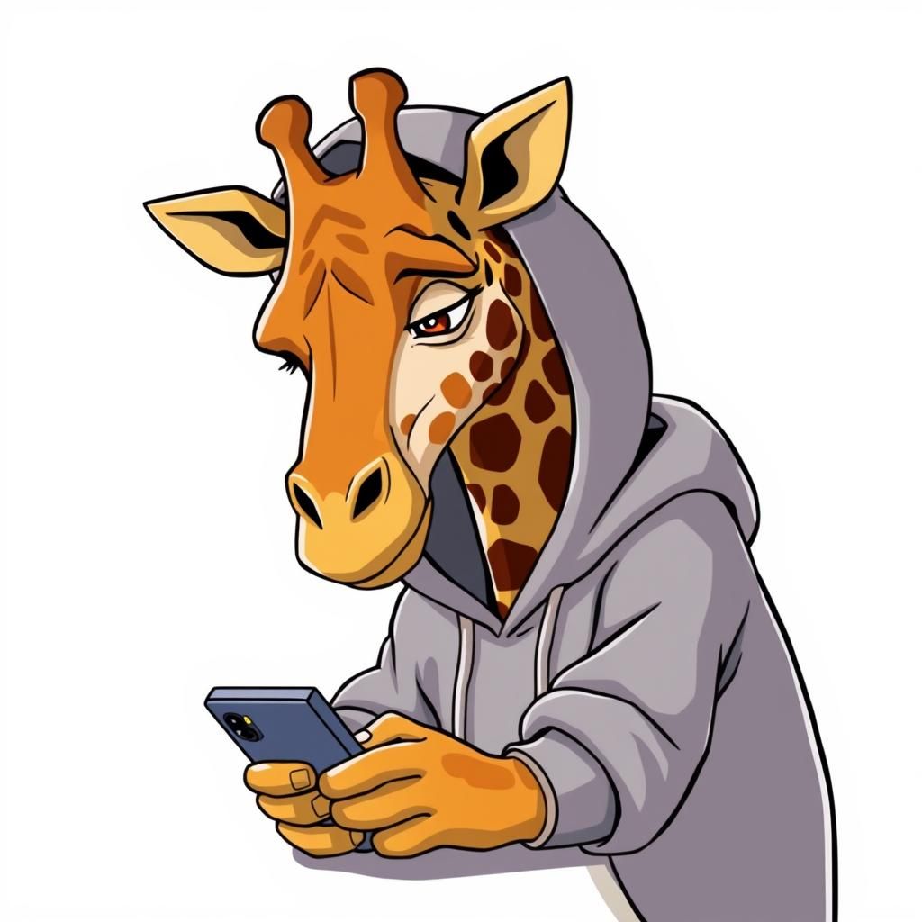 Disinterested Giraffe Cartoon Character with Smartphone