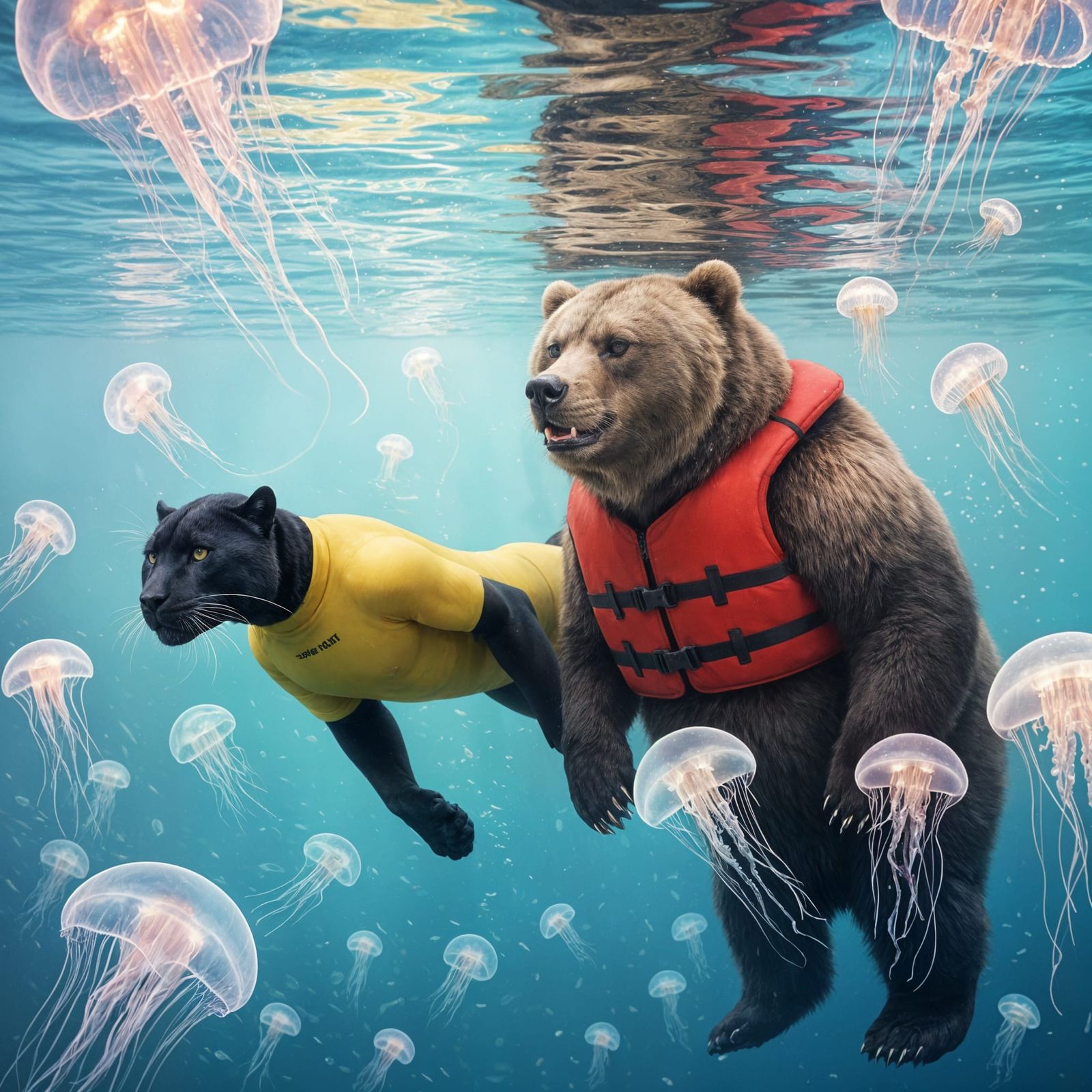 Panther, Bear, and Jellyfish Underwater