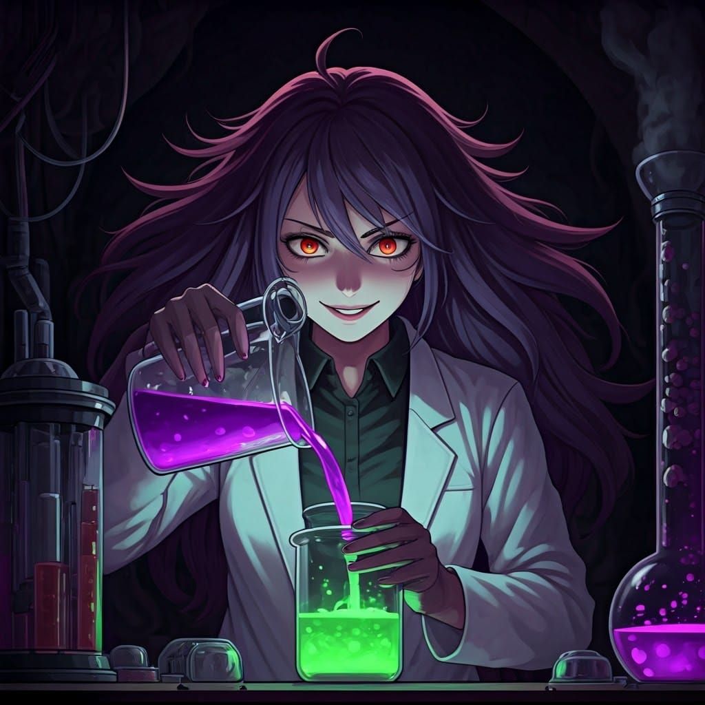 Frazzled Scientist in Creepy Lab, Anime Style