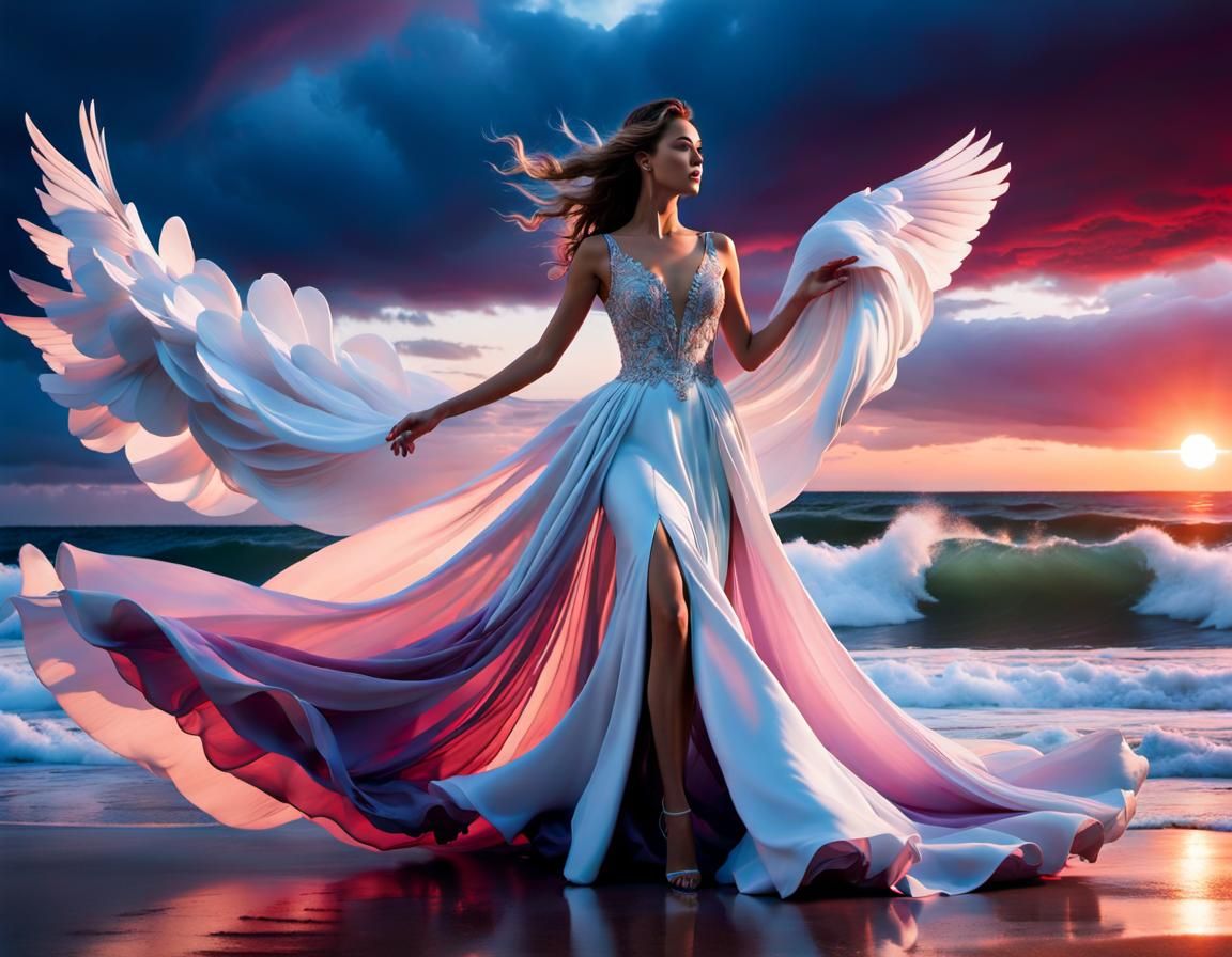 Woman in Dove Gown Dancing on Moonlit Beach