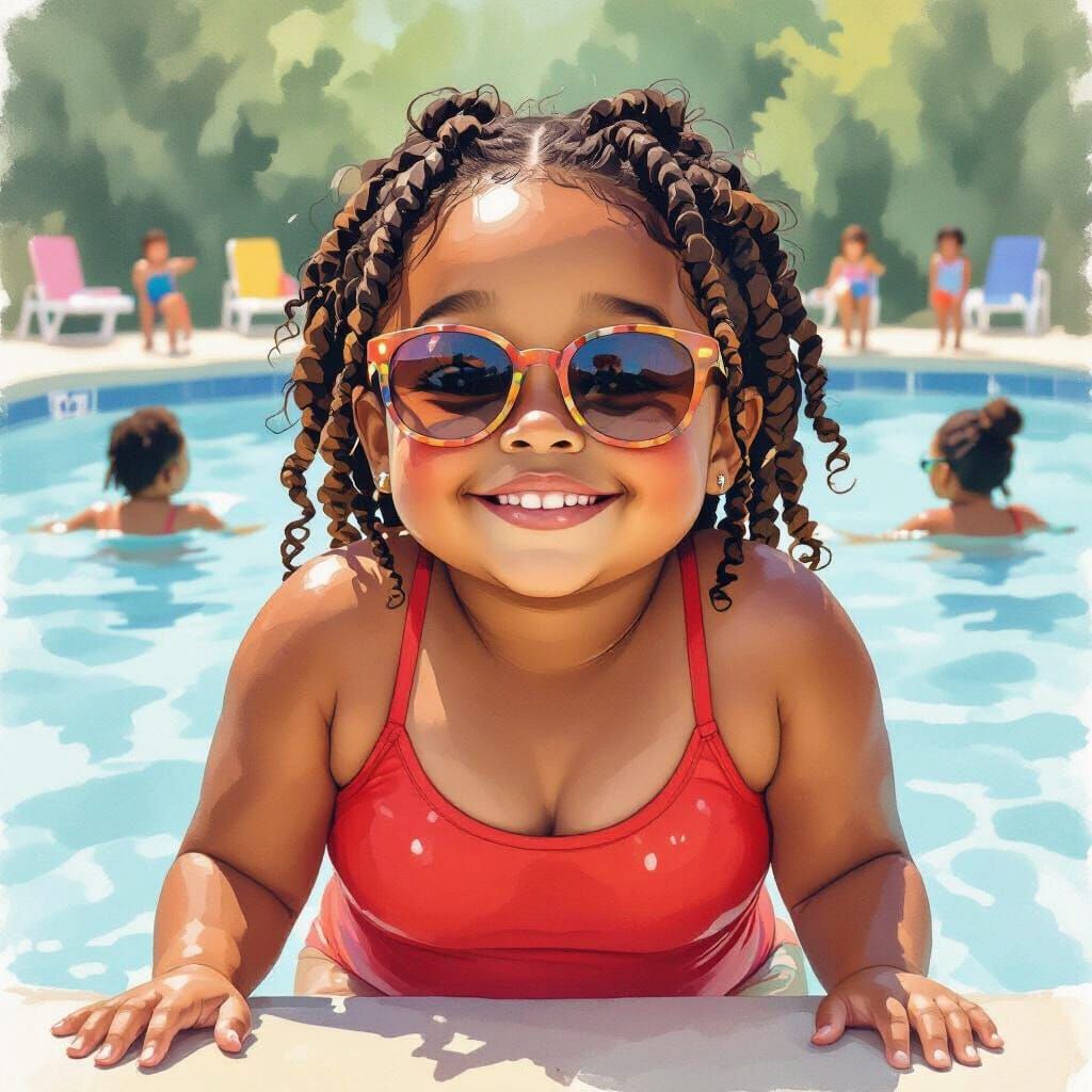 Happy Girl in Red Swimsuit: Wet-on-Wet Watercolor