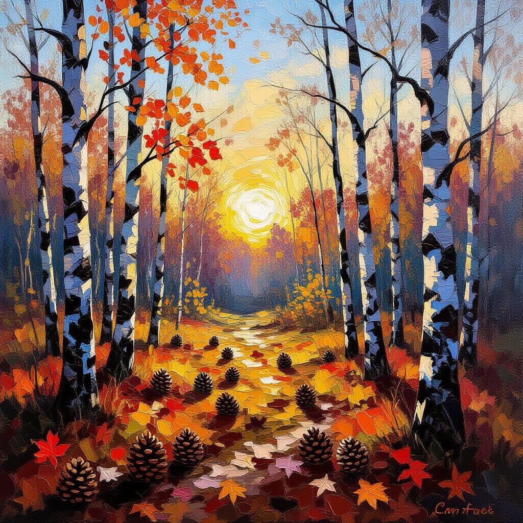 Autumn Forest Clearing at Sunset, Neo-Impressionist Oil Pain...