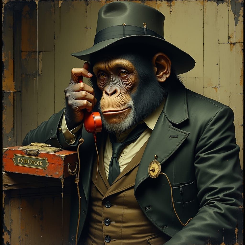 <lora:Akimora:1.0> How are we with, let's make a very nice well dressed Monkey talking on a brick phone