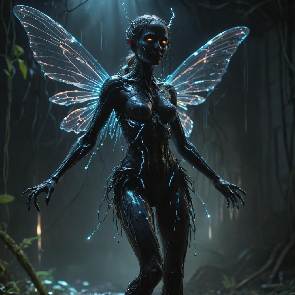 Bioluminescent Fairy Escaping a Sludge Demon