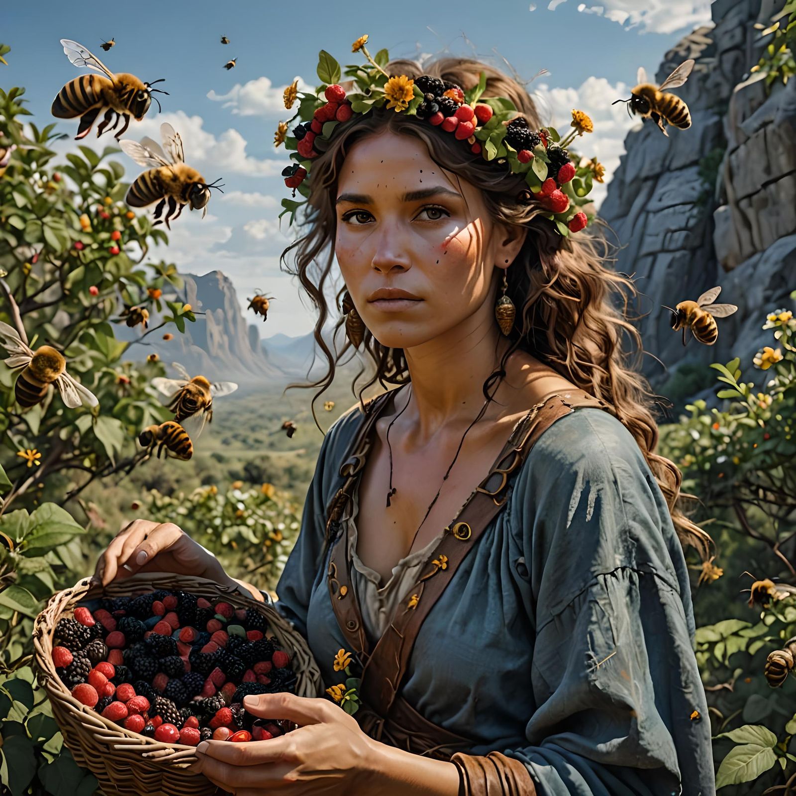 Nomadic Cavewomen Foraging in Stone Age Landscape