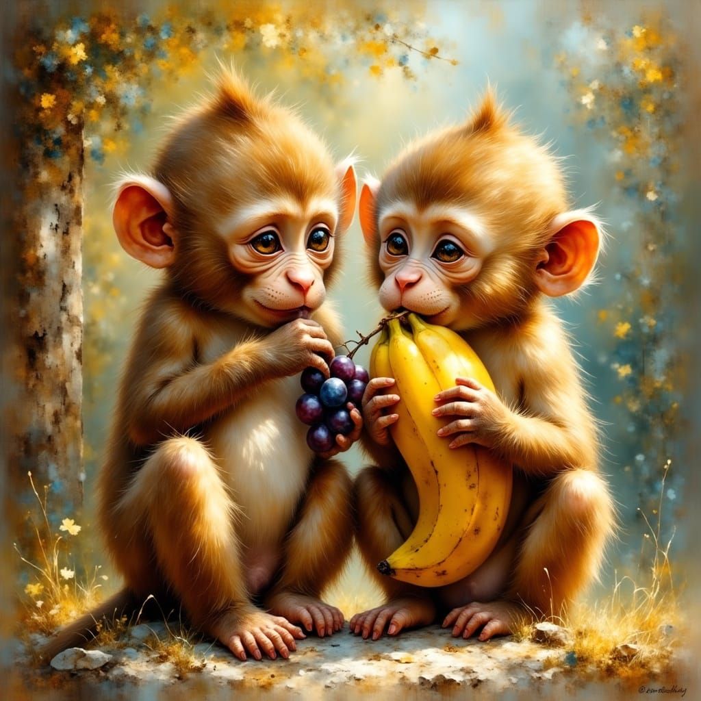 Monkeys Sharing Fruit, Ethereal Illustration