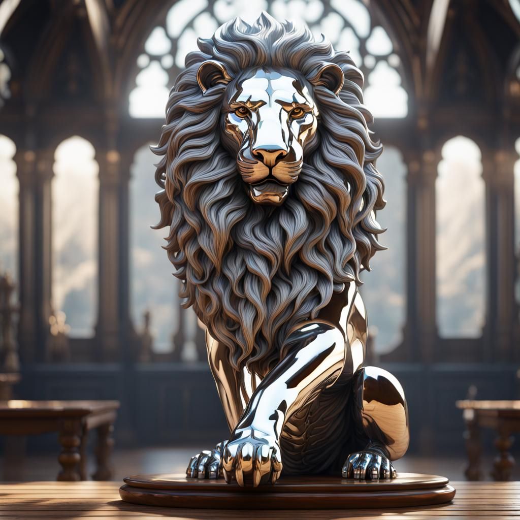 Chrome Lion Statue in Lace Coat