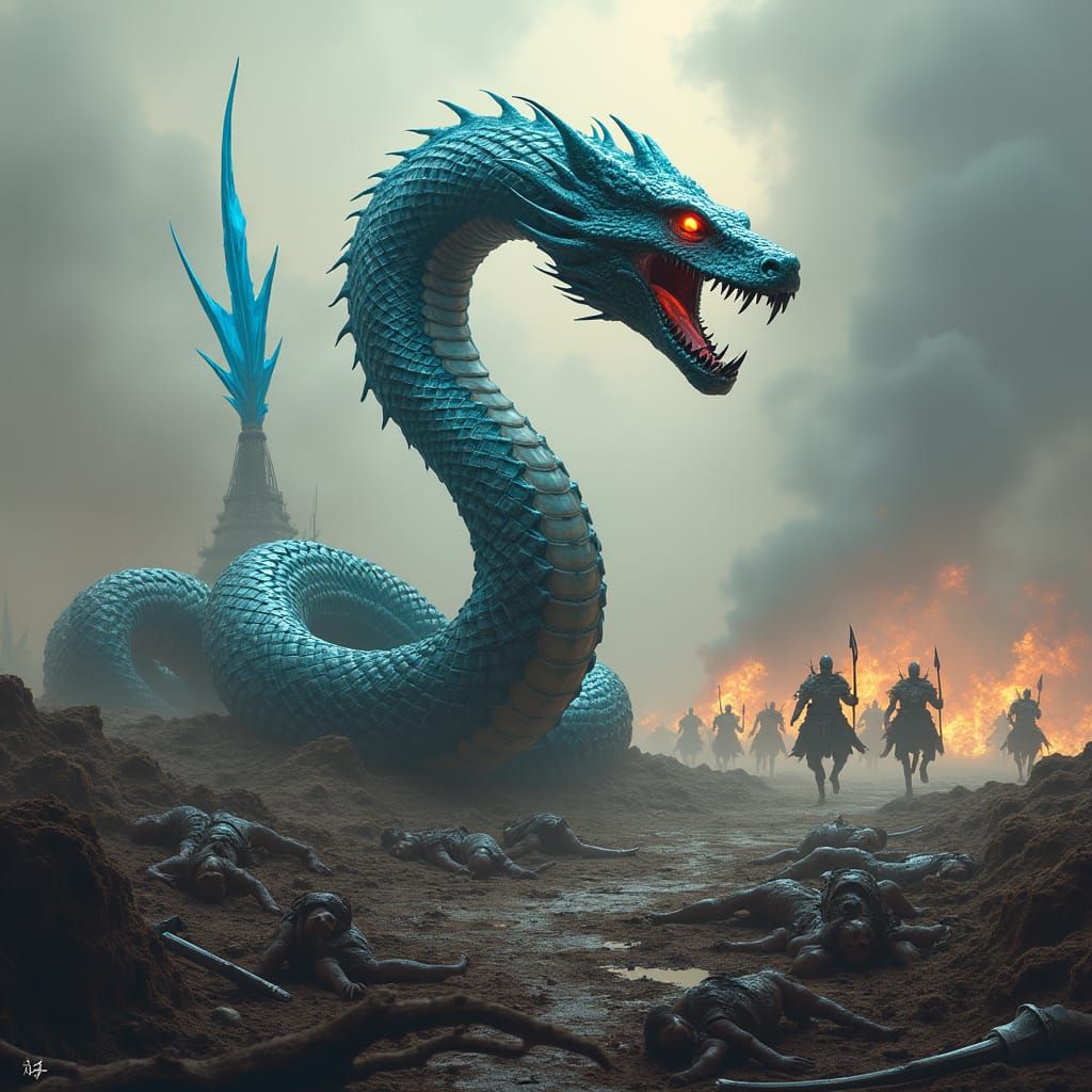 Colossal Cobra Rises on Battlefield as Digital Art