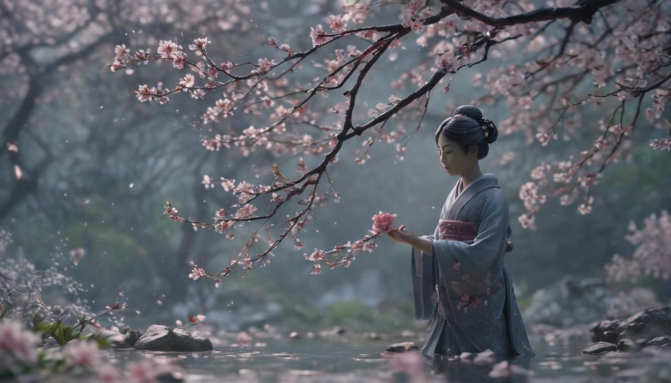 Glass Sakura in Moonlit Japanese Garden
