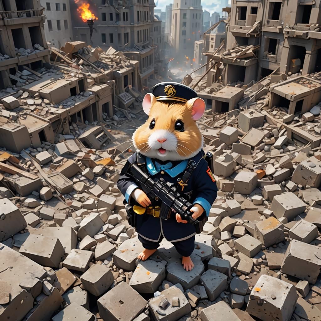 Anime Hamster Soldier in Ruined Cityscape