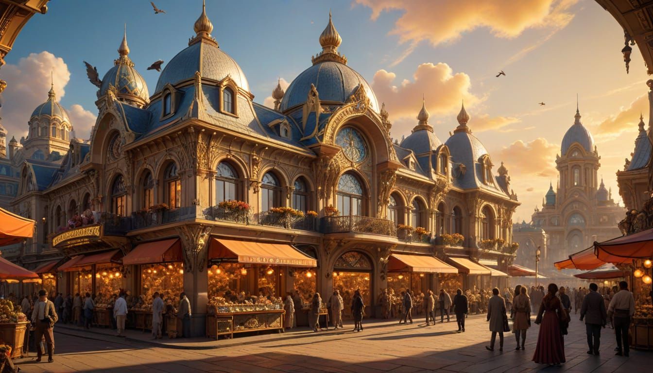 Floating Sky-City Marketplace in Art Nouveau Style