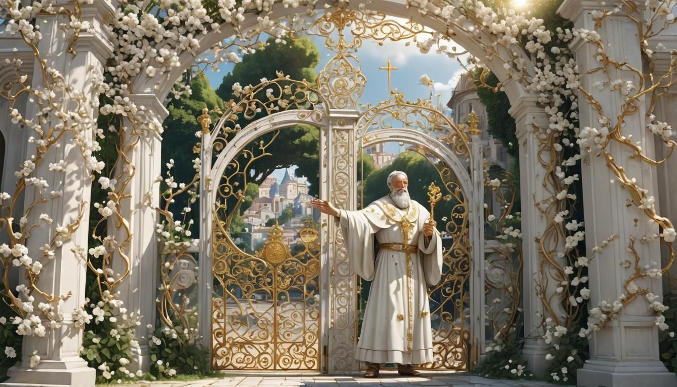 Pearly Gates: Saint Peter Awaits in Heaven