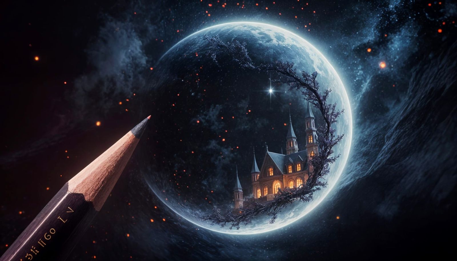 Cosmic Moon Town: Fantasy Scene in Graphite and Starlight