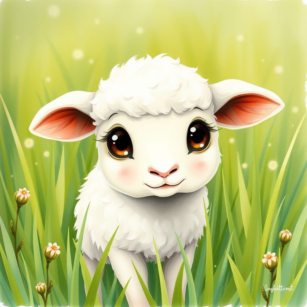 Nervous Lamb in Whimsical Watercolor Meadow