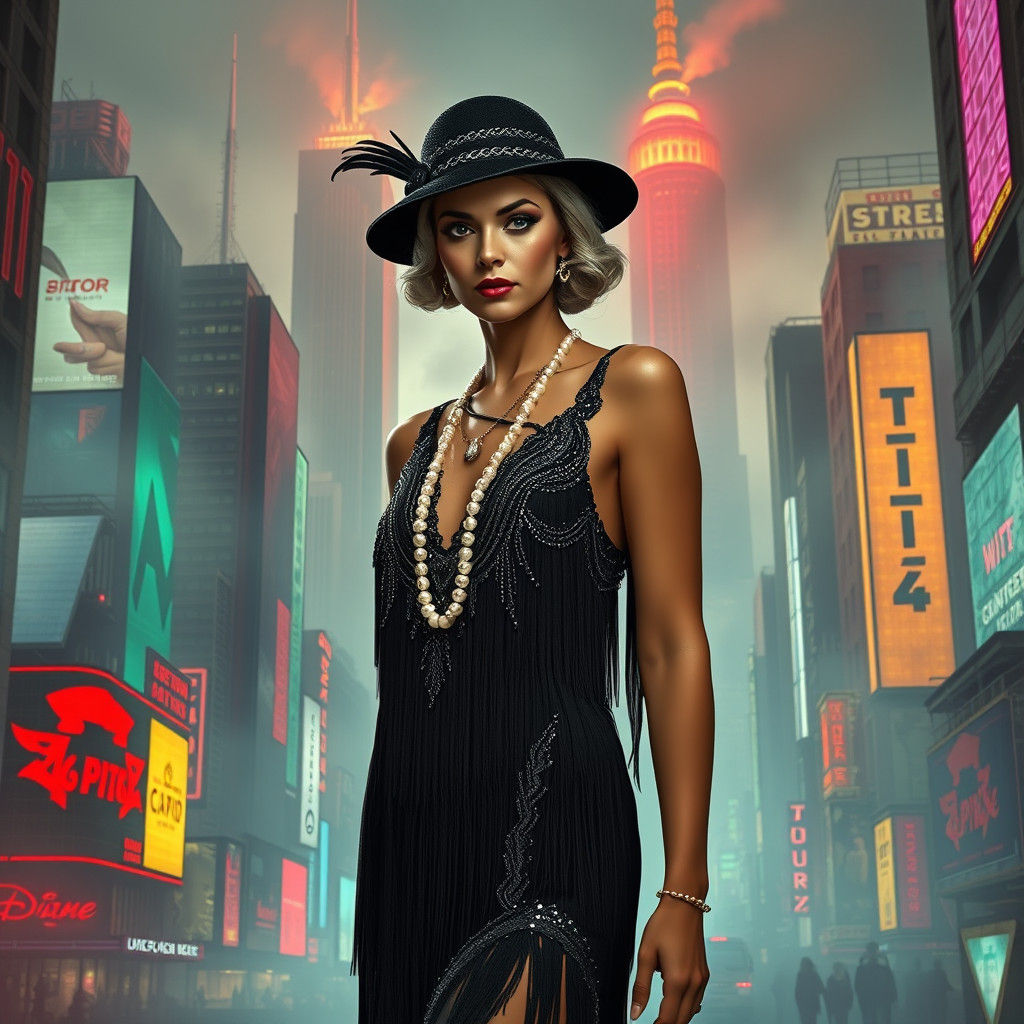 Flapper in Cyberpunk Cityscape, Art Deco Style