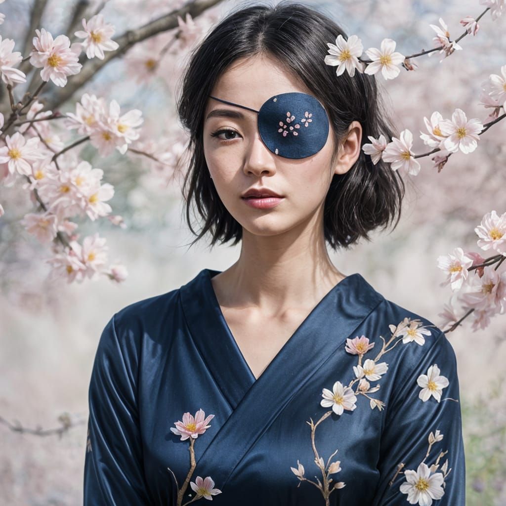 Japanese Woman with Eyepatch in Garden, Oil Painting Style