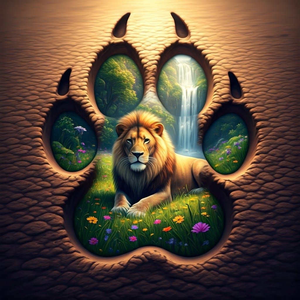 Lion Paw Print Reveals Dreamlike Meadow Scene