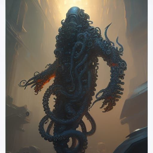 Fearsome Robot with Tentacle Beard in Dark Fantasy Style