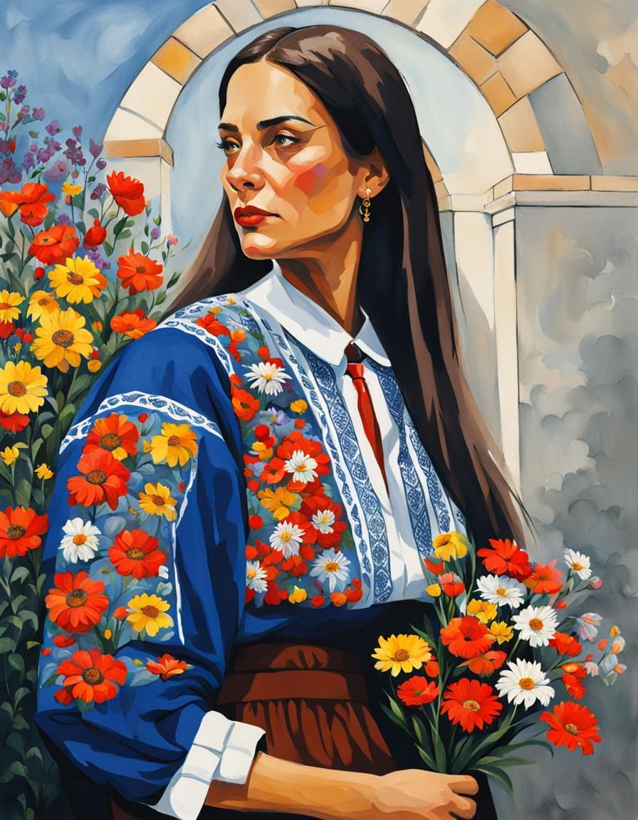 Woman in Romanian Shirt with Floral Design