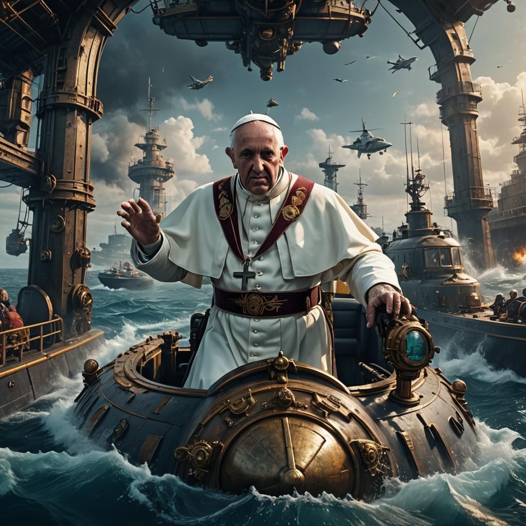 Pope Piloting a Submarine in Detailed Matte Painting