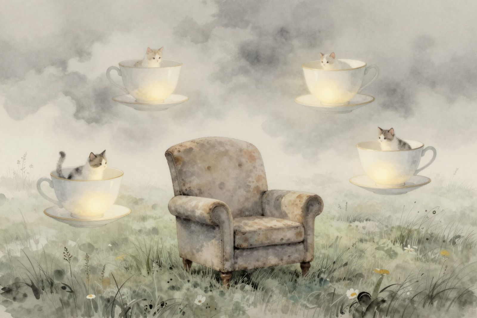 Dreamlike Meadow with Kittens in Teacups