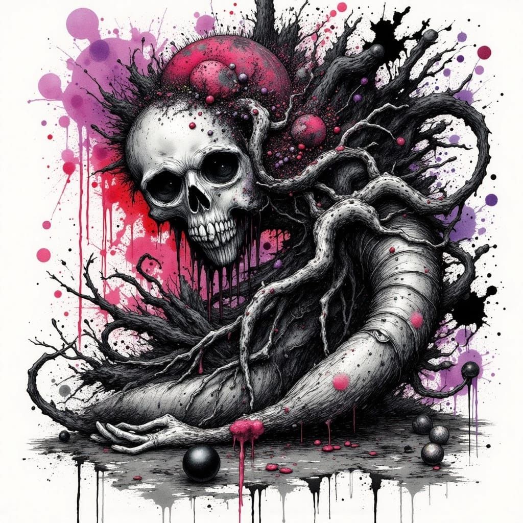 Dark, Twisted Blood Orange Blossoms in Vibrant Ink Art