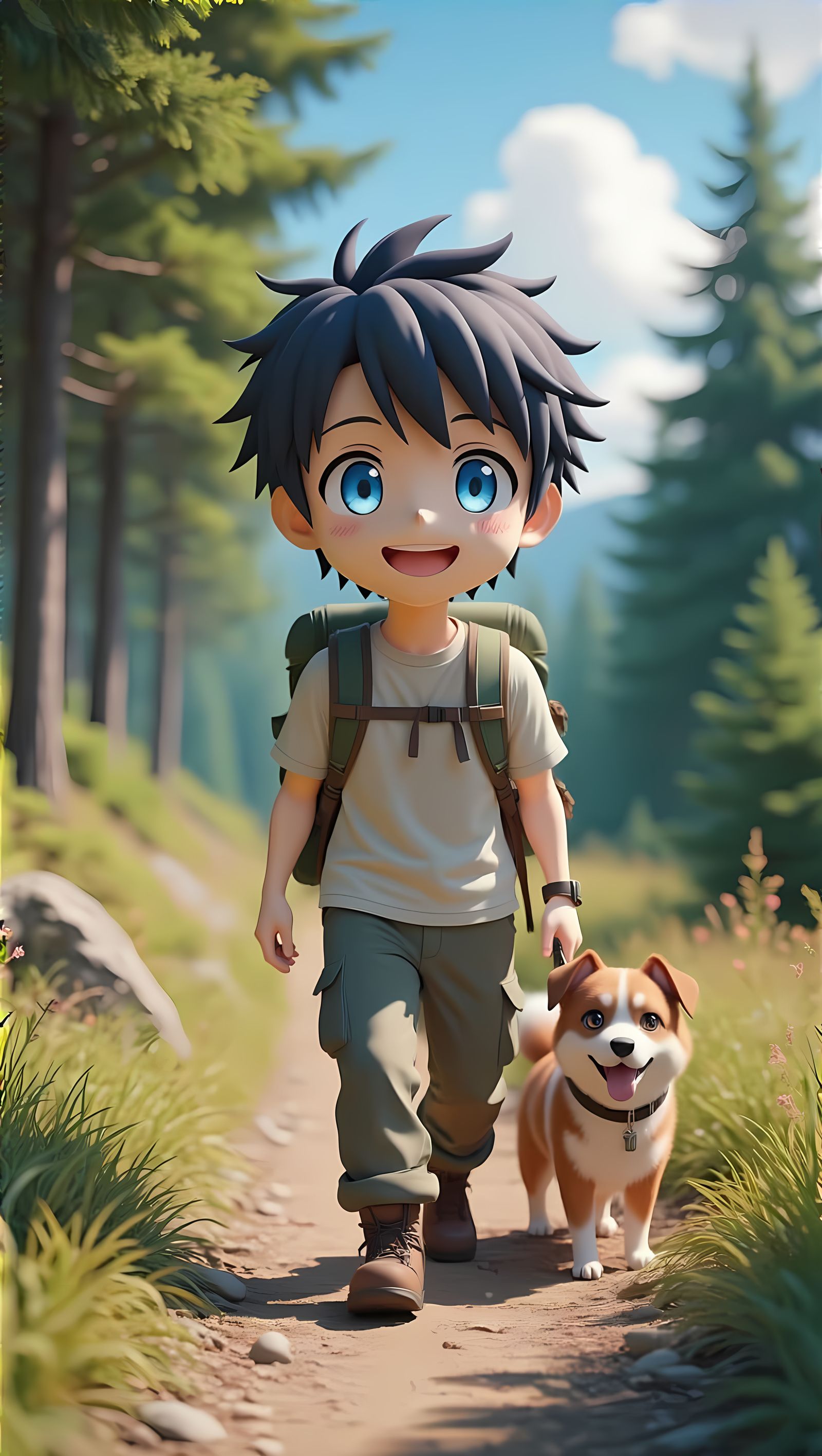 Joyful Anime Hiker Embarks on Sunny Forest Adventure