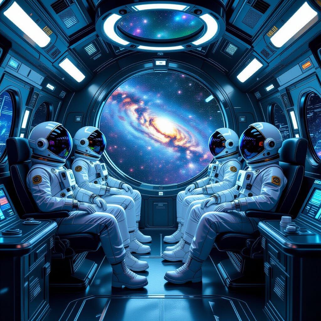 Surreal Spaceship Interior with Astronauts and Aliens