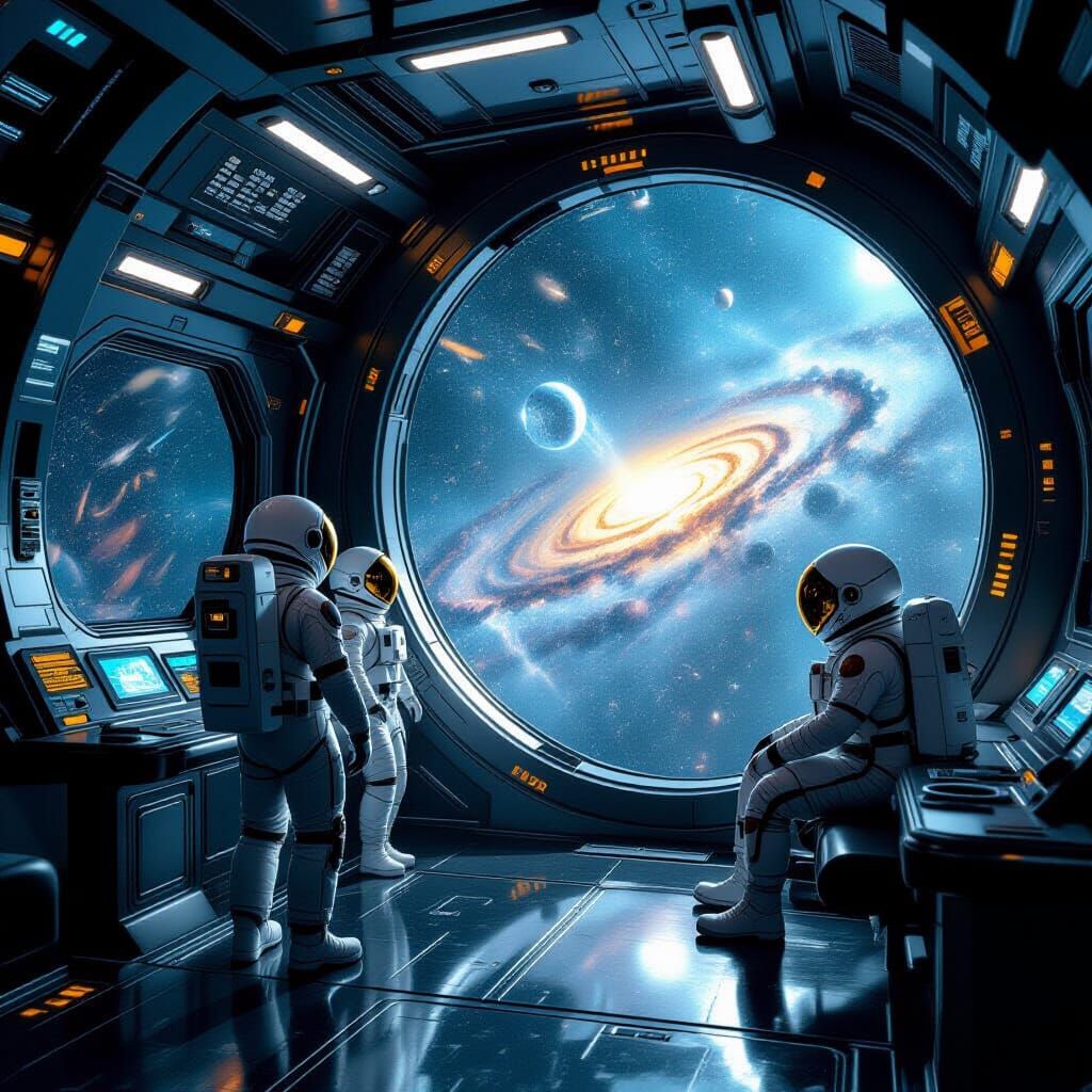 Futuristic Ship Interior with Floating Astronauts and Aliens