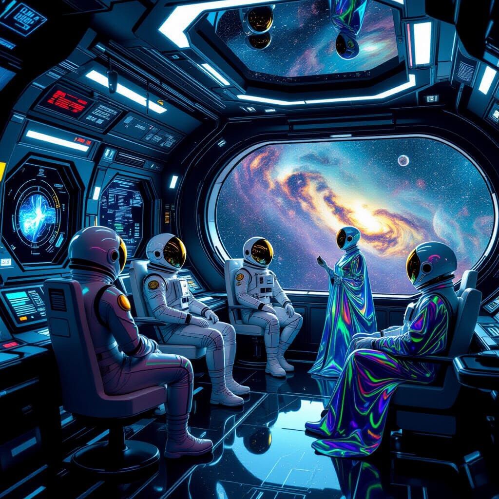 Surreal Spaceship Interior with Astronauts and Aliens
