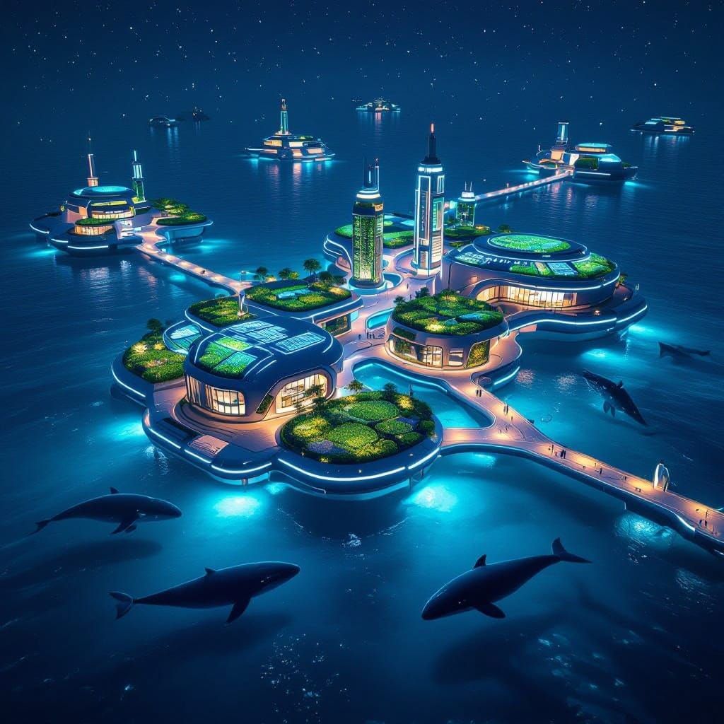 Eco-Friendly Futuristic Cityscape Under Starry Night Sky