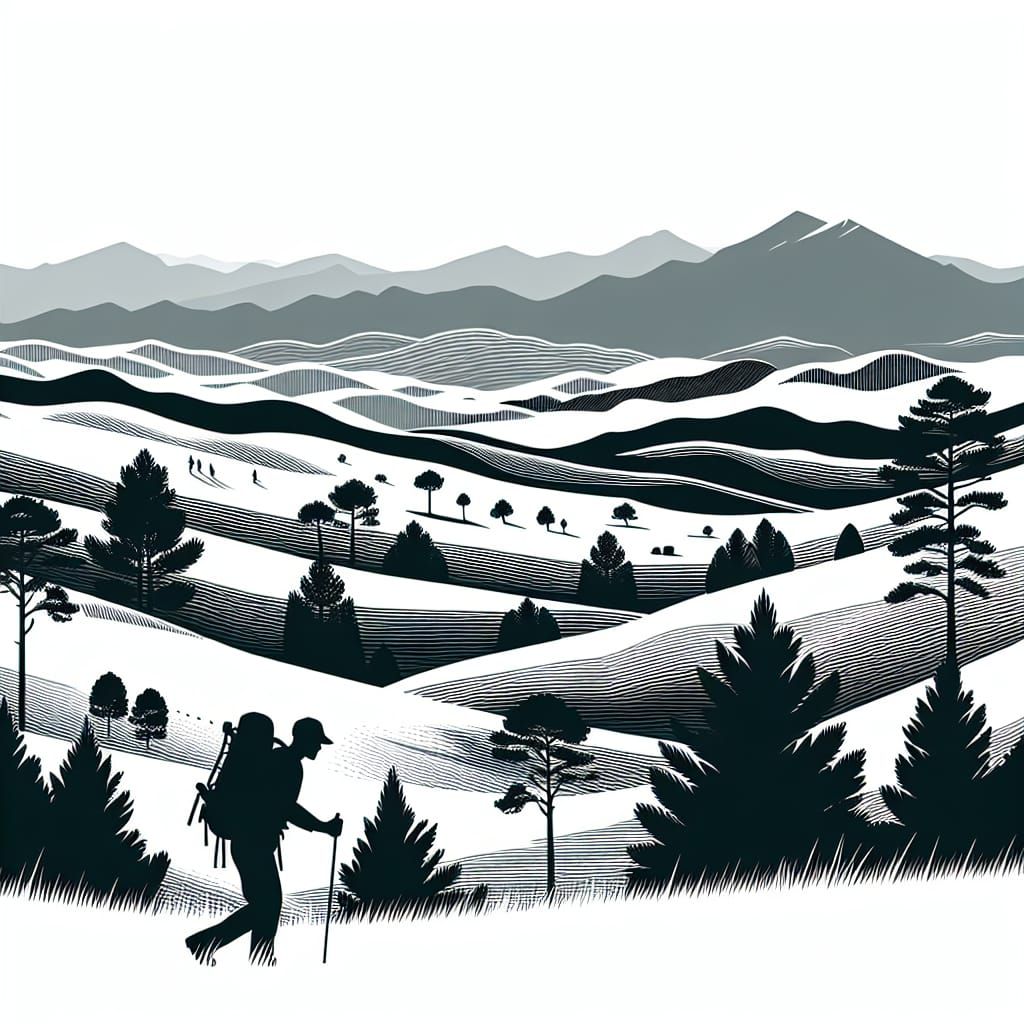 Minimalist Monochromatic Landscape with Hiker